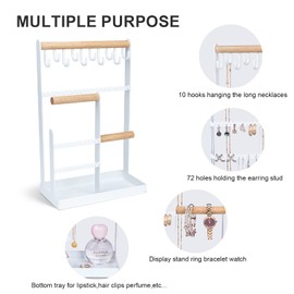 V-LAFUYLIFE Jewelry Organizer Stand Necklace Holder, 6-Tier Jewelry Tree Stand Organizer with Bracelet Holder Ring Tray and 10 Hooks 88 Holes for Earring Holder Jewelry Tower Rack -White