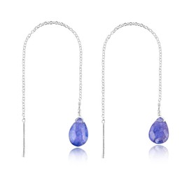 YANARA Tanzanite Earrings Gifts for Women, Dainty Purple Gemstones Threader Pair, Natural Pear Cabochon, December Birthstone Jewelry Crystals and Healing Stones in Silver Plated Chain