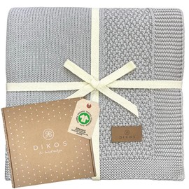 DIKOS® Babydecke aus *100%* GOTS Bio Baumwolle grau | weiche Neugeborenen Baby Decke Strickdecke mit Bordüre Mädchen/Junge ganzjährig | nachhaltige Kuscheldecke Baumwolldecke | Geschenk zur Geburt