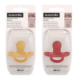 Suavinex, Schnuller aus Silikon 2er-Pack, für Babys 6-18 Monate, Schnuller mit physiologischem Sauger Sx Pro, Symmetrisch, Superweich und Flexibel, Einschlafschnuller, Colour Essence, Honey + Chili