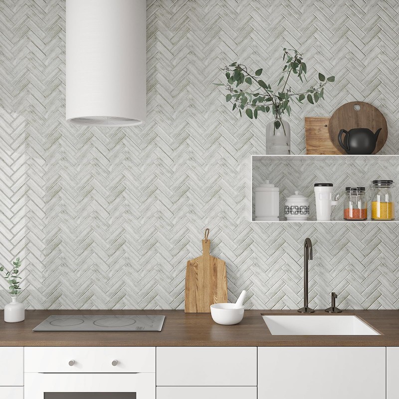 CHIHUT 12''x12'' Grey Wood Look Herringbone Peel and Stick Backsplash