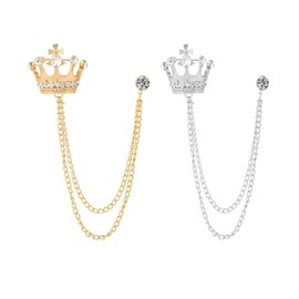 2PCS Crystal Crown Hanging Chain Brooch Suit Pin Vintage Shirt Wedding Suit Collar Clip Chain Men Brooch Lapel Pin