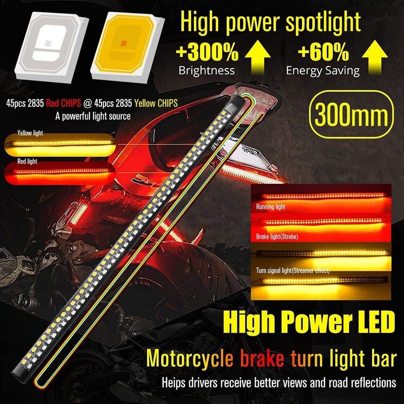 2Pcs 11.8" Motorcycle LED Tail Light Strips 90 LEDs Red