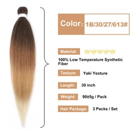 1B/30/27/613# 4 Tones Ombre Braiding Hair Pre stretched 30 Inch 3 Packs Yaki Texture Hot Water Setting Hair Extensions for Box Braids