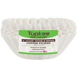 Tupkee Coffee Filters 4-6 Cups - 200 Count, Junior Basket Style, White Paper, Chlorine Free 5 Cup Coffee Filter, Made in the USA