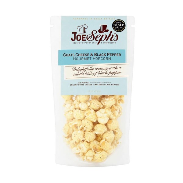 Joe & Sephs Goats Cheese and Black Pepper Popcorn (4x70g)|1 Star Great Taste Award, gourmet popcorn, air-popped popcorn, popcorn for a party, bulk popcorn pack, salty popcorn, cheese