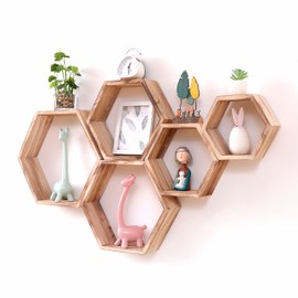 WONFUlity Hexagon Floating Shelves, Honeycomb Shelves Wall Mounted Wood Farmhouse Storage Wall Shelf for Bathroom, Kitchen, Bedroom, Living Room Wall Decor, Light Brown