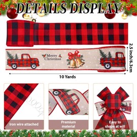 2 Rolls 20 Yards Vintage Red Truck Burlap Ribbon - 2.5 Inch Wired Edge - Merry Christmas Red Black Buffalo Plaid - Perfect for Xmas Wreath, Bow & Gift Wrapping