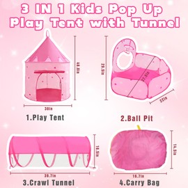 3 in 1 Kids Play Tent with Tunnel & Ball Pit,Pop Up Playhouse for Toddlers Boys Girls,Indoor Outdoor Foldable Space Tent Set for Birthday Balls Not Included（Pink Heart）