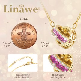 Linawe Interlocking Circle Pendant Gold Necklace for Women, Hot Pink Moissanite Imitation Diamond Crystal Rhinestone Birthstone Necklaces, Hypoallergenic Stainless Steel Chain