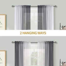 Melodieux Curtains with Ruffle Tape, Ombre Transparent Curtains, for Bedroom, Set of 2, 175 x 140 cm, Grey