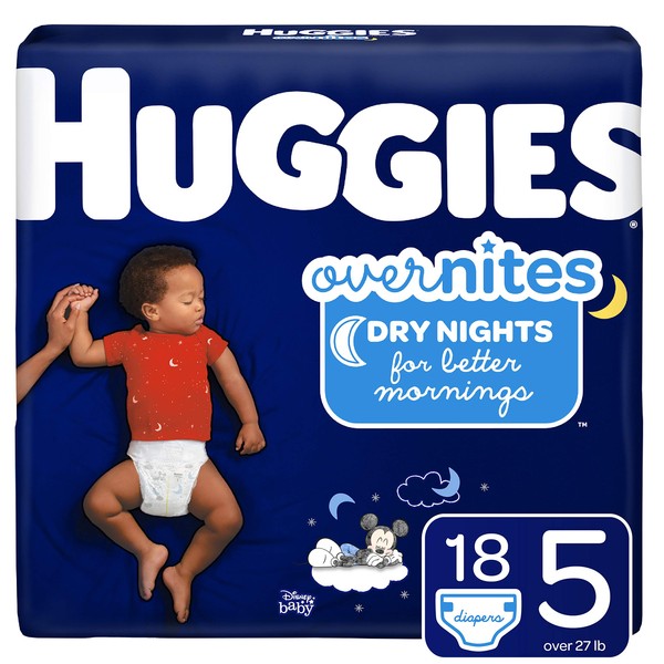 HUGGIES OverNites Diapers, Size 5 (27+ lb.), 18 ct, Overnight Diapers, Jumbo Pack (Packaging May Vary)