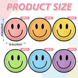 Whaline Boho Smile Face Paper Plate Happy Face Disposable Plate 6 Colors Cute Dinnerware Plates 9 Inch For Birthday Party Supplies Table Decor, 24Pcs