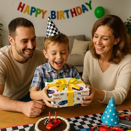 GIOLNIAY Race Car Birthday Wrapping Paper for Boys Kids Toddlers -Sports Car Party Gift Wrap with Balloons Cakes Flags - 28 x 40 Inches, 4 Folded Sheets, Easy to Store