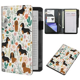 Server Books for Waitress 5 x 7.75 inch Black Server Book with Zipper Pocket and 5 Large Pockets 1 Pen Holder Cute Waitress Book Organizer Fit Server Apron - Dog Flower