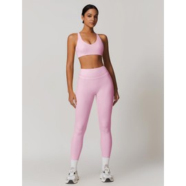 QBGJTD Two Piece Womens Workout Sets for Women U Neck Cross Back Sports Bras Matching Tummy Control High Waist Leggings Set Gym Yoga Jogger Athletic Clothes Pilates 2 Piece Outfits Pink M