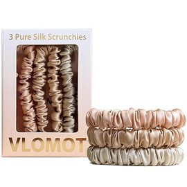 3 Pcs Set 100% Pure Mulberry Silk Hair Scrunchies Hair Ties with 3 Chic Colors Everyday Skinny Scrunchies Silk Ponytail Holders Hair Care No Damage (Champagne)