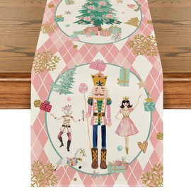 Artoid Mode Pink Diamond Plaid Nutcracker Snowflake Christmas Table Runner, Seasonal Winter Kitchen Dining Table Decoration for Home Party Decor 13x48 Inch
