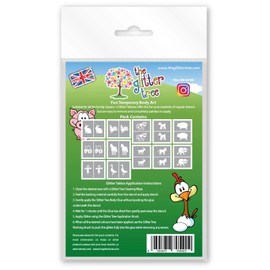 Farm Yard themed glitter tattoo stencils - Ideal for all types of temporary body art - Pack of 24 x12 Unique designs in each pack. Perfect for birthdays, parties and events.