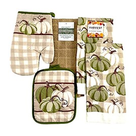 Farmhouse Fall Home Decor Kitchen Towels and Pot Holder Set: Welcome Harvest Green and White Pumpkins with Beige Checkered Background