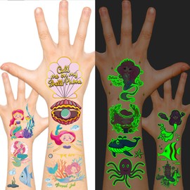 EMOEM Metallic + Glow Kids Tattoos Temporary, Waterproof Tattoo Stickers for Boys and Girls, Metallic Glitter Glow Party Favors Goodie Bag Stuffers (Mermaid)