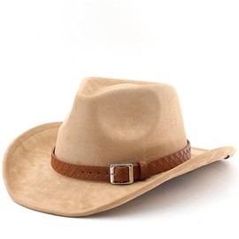 Western Cowboy Hat for Men Women Fedora Felt Cowgirl Hat Vintage Wide Brim Jazz Hat with Buckle Belt(UK, Alpha, One Size, M, Camel)