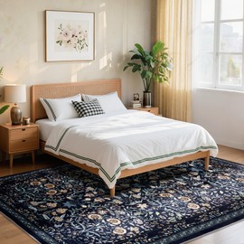 Area Rug Living Room Rug, 5X7 Rugs for Living Room Floral Boho Low Pile Super Soft Washable Rug, Stain Resistant Indoor Floor Non-Slip Carpet for Bedroom Bedside Dining Room Kitchen Nursery, Black