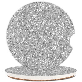 Absorbent Cup Holders Car Coasters,2 Pack Ceramic Stone Drinks Coaster Set for Women Man 2.56"(Silver Glitter)