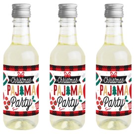 Big Dot of Happiness Christmas Pajamas - Mini Wine and Champagne Bottle Label Stickers - Holiday Plaid PJ Party Favor Gift for Women and Men - Set of 16