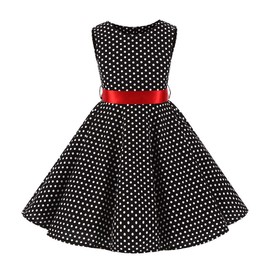 Kid Girls Vintage Polka Dot 50's Swing Dress 1950s Retro Rockablilly Audrey Hepburn Sleeveless Summer Tea Party Dress Bow Tie Casual Flare A-line Dress Wedding Formal Prom Dance Gown Black 5-6 Years