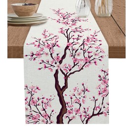 Cherry Blossom Table Runner 36 Inches Long Cotton Linen Tablerunner Dresser Scarves,Pink Asian Japanese Burlap Beige Burlap Kitchen Dinner Cafe Table Runners Table Decor for Coffee/Party/Wedding 13x36
