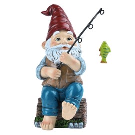 TERESA'S COLLECTIONS Resin Outdoor Statues for Garden Decor, Garden Gnome with Fishing Pole Funny Decorations for Outside, Yard Gnome Decor for Patio Lawn Ornaments, Ideal Gift for Women and Man, 8"