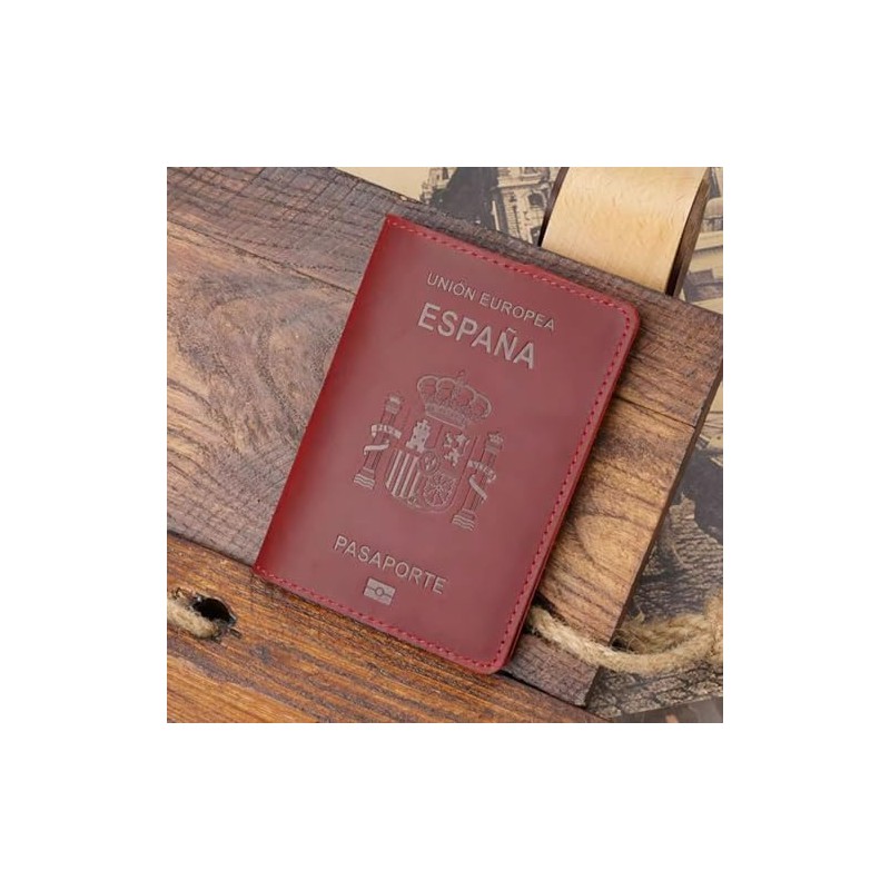 Porta pasaporte español, portadocumentos de piel vaca, tarjetero retro for