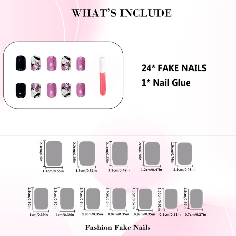 IMRAIN Press on Nails Short Square Fake Nails Pink Black