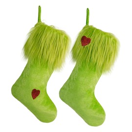 Estivaux 2 Pieces Christmas Stockings Xmas Fur Hanging Stockings Winter Holiday Stocking Decorations Green Velvet Fireplace Stockings Gift Holding Bag for Home Christmas Party Favor Supplies