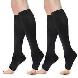 Viiotu Open Toe Compression Socks for Men & Women - 2 Pairs 15-20 mmHg Knee High Flight & Travel Socks for Circulation Support (Black*2, XXL)