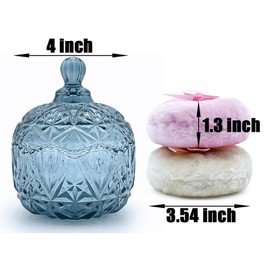 Luxury 4 Inch Glass Powder Container with 2 Soft 3.5" Puffs｜Non-Sealed Refillable Organizer for Body Powder, Makeup & Jewelry｜Setting Powder Applicator w/ Loose Powder Storage(Crown-Grey Blue)