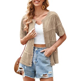 ECOWISH Summer Crochet Cardigans for Women: 2025 Lightweight Short Sleeve Crewneck Button Down Cropped Casual Sweater Tops 440 Khaki L
