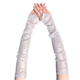 Mrotrida Women's Reflective Sequins Gloves Cosplay Party 50cm Long Hook Finger Gloves Vintage Sequins Fingerless Glove (Silver, One Size)