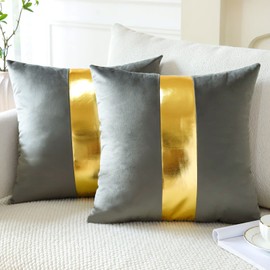Artscope Grey Velvet Throw Pillow Covers with Gold Leather Stitching Luxury Modern Minimalist Square Pillowcase Cushion Covers for Bed Couch Sofa 22x22Inch Set of 2