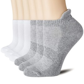 CS CELERSPORT Cushion No Show Tab Athletic Running Socks for Men and Women (6 Pairs), Large, White+Grey