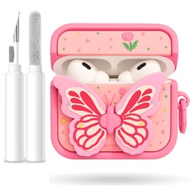 AirPods Pro 2 Case Cover with Cleaner Kit, Shockproof Protective Silicone Case for AirPods Pro 2nd Generation with Keychain, Wireless Charging Compatible Dustproof Cover (Butterfly Kitty)