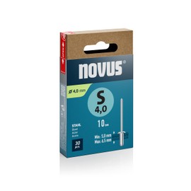 Novus Tools Steel Blind Rivets Diameter 4.0 mm, 10 mm Length, 30 Rivets, 5.0-6.5 mm Clamping Length, Ideal for Fixing and Riveting of Sheet Steel