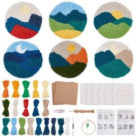 FREEBLOSS 6 Set Landscape Punch Needle Coaster Kit Craft Punch Needle Coaster Kit Punch Needle Rug Kit with Instructions, Punch Needle Fabric, Yarn, Hand Embroidery Kit for Beginners