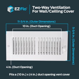 EZ-FLO 10x4 Inch Air Vent Cover Wall/Ceiling Two-Way HVAC Register White 61609