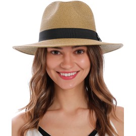 Simplicity Beach Hats for Women Fedora Hats Women Sun Hat Men Straw Hat with Chin Strap Cute Panama Sun Hat,Light Brown/Black Thread Belt