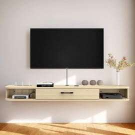 TuckTect Floating TV Unit, 55'' Wall Mounted TV Cabinet, Floating Shelves with Door, Modern Entertainment Media Console Center Large Storage TV Bench for Living Room & Office (55.12IN, Light Oak)