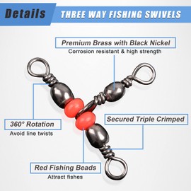 SILANON 3 Way T-Turn Barrel Swivels - 40pcs Brass Triple Swivel Cross Line 3 Way Fishing Connector with Red Beads for Freshwater & Saltwater, 20-100LB Test