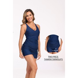 Halcurt Women's Two Piece Tankini Swimsuits Tummy Control Adjustable Drawstring Bathing Suit and Short with Pocket Navy Blue S