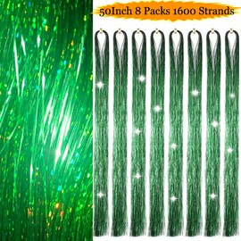 Hair Tinsel 50inch 8packs 1600 Strands Grass Green Tinsel Hair Extensions Shiny Hair Accessories Sparkling Fairy Glitter Hair Extension for Women Girls Kids(50",Grass Green)